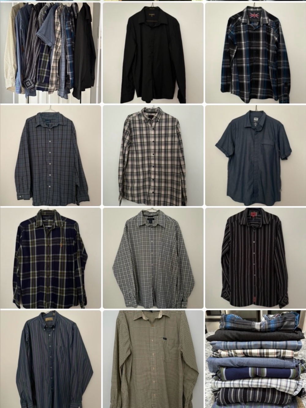 Men's Casual Button-Down Shirt Lot - Mixed Blues, Grays, Black Plaids & Solids